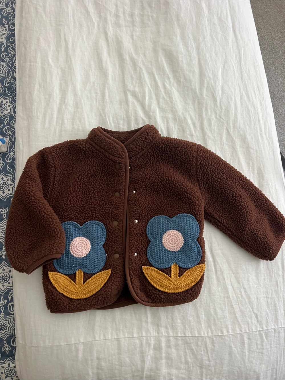 Girls' Brown Sherpa Jacket with Blue Flower Pockets